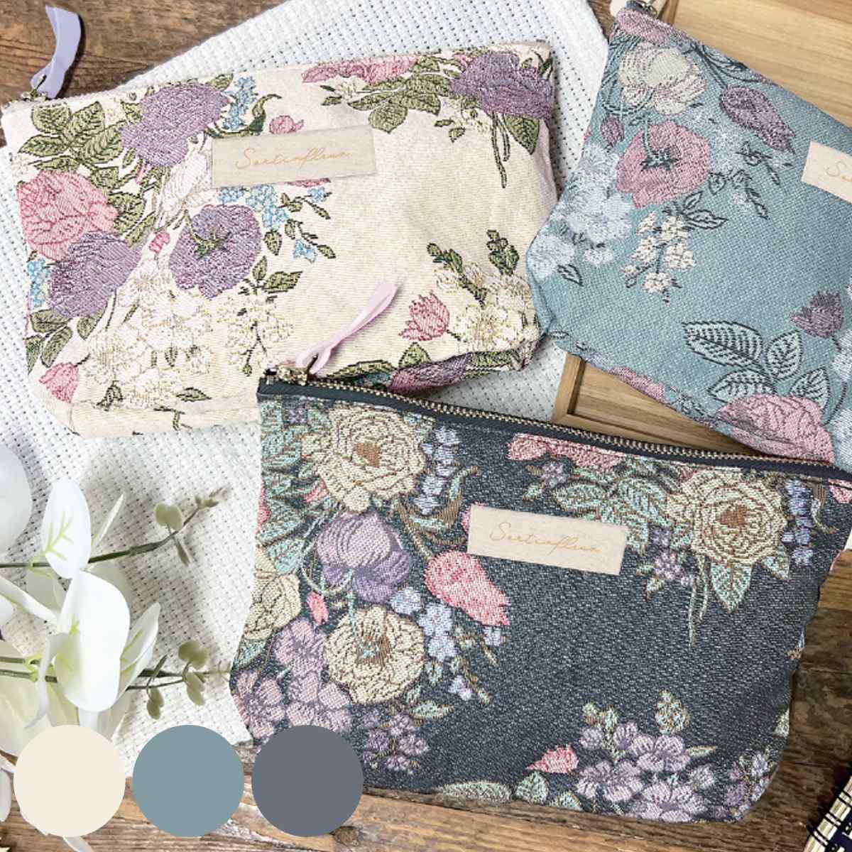 舟形 ポーチ 内ポケット付き ジャガード織り 花柄 小物入れ ( コスメポーチ ガジェット コスメ 収納 持ち運び 薄い スリム メイクポーチ トラベルポーチ ...