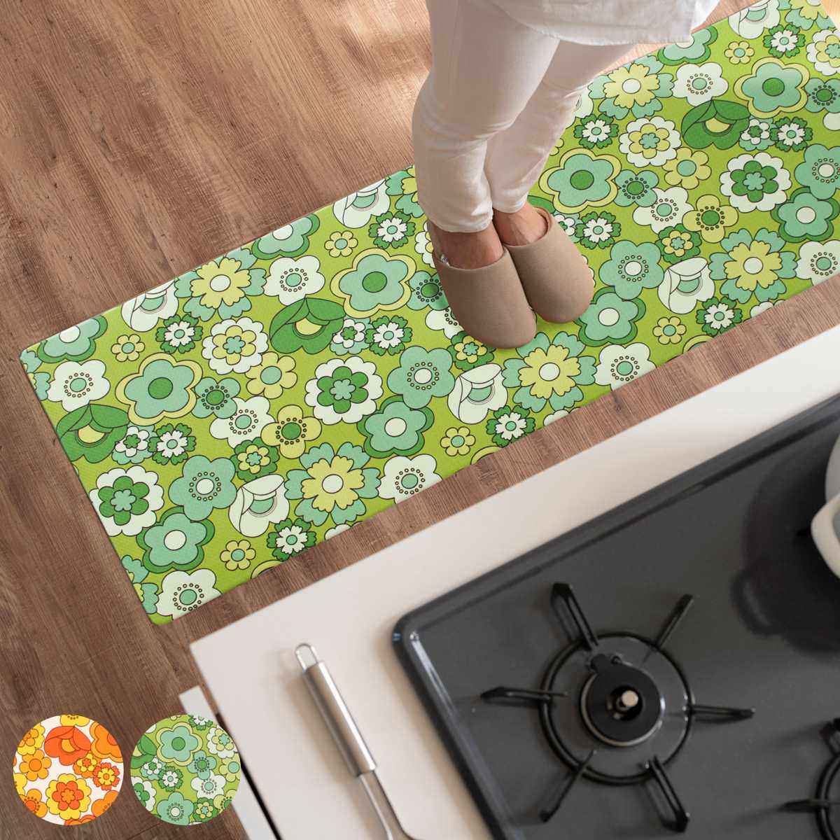 キッチンマット レトロ 花柄 ルアンス 45×120cm 180cm 240cm （ 拭ける PVC 45cm 120cm 180cm 240cm PVCキッチンマット インテリアマット キッチン 台所 マット キッチンラグ 洗濯不要 お手入れ簡単 拭けるキッチンマット ）【39ショップ】