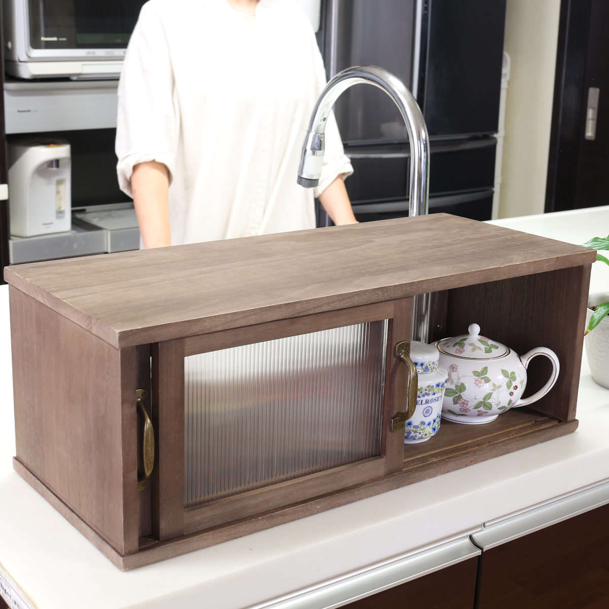 カウンター上収納 アンティーク風 カウンター上収納庫 幅60cm 90cm キッチン （ カウンターラック カップボード スパイスラック 卓上ラック ショーケース 調味料ラック カウンター上 卓上 台所収納 木製 引き戸 コンパクト スリム ）【39ショップ】