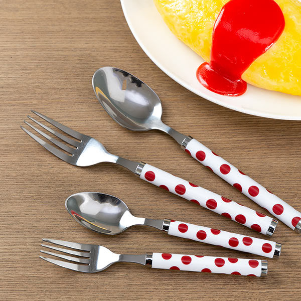 スプーン フォーク 大 小 セット 4本入り ステンレス ドット 赤 （ 洋食器 カトラリー 大きい 盛り付け..