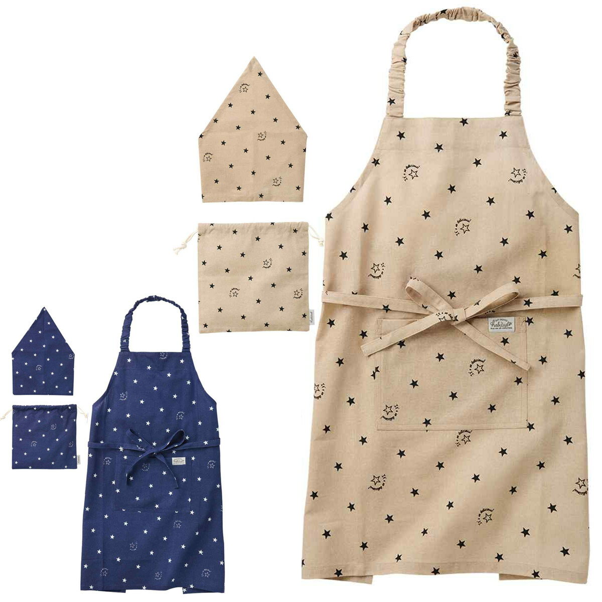 エプロン キッズ 3点セット 綿100％ ポケット付き ケイト 星柄 （ 子供用エプロン キッズエプロン 子ども 三角巾 巾着袋 綿100 男の子 女の子 入園 入学 エプロンセット コットン 調理実習 クッキング 保育園 幼稚園 小学校 ）【39ショップ】