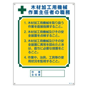 職務標識板 作業主任者用 「木材加工用機械作業主任者の職務」 60×45cm 両面テープ6枚付 ( 看板 訓示 パネル 壁掛け 氏名 名前 明記 書き込み 木材加工用機械 作業主任者 引っ掛け穴 付き ) 【39ショップ】