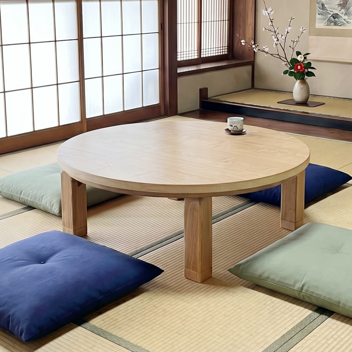 サイズ約 高さ36（cm）直径：約 120（cm）継脚使用時：約 高さ40（cm）重量約 28kg内容量1台材質タモ突板艶消し仕上げ生産国日本製消費電力ヒーター（600W）組立状態完成品（一部取付）注意事項※天然木を使用しているため、1点1点色合いや風合いが異なります備考手元コントローラー折れ脚継脚付き区分返品・キャンセル区分（不可）●タモ突板を使用し、天然木ならではの美しい木目とやさしい風合いを楽しめます。●直径120cmの広々とした円形天板で、家族団らんや来客時にもゆったり使えます。●角のない丸いフォルムが、みんなで顔を合わせやすい心地よい空間をつくります。●折れ脚仕様のため、使わない時はコンパクトに収納できます。●4cmの継脚付きで、高さ36cmと40cmの2段階に調節できます。●600Wハロゲンヒーターを搭載し、ムラなく素早く暖まります。●手元コントローラー付きで、無段階の温度調節が可能です。●香川県高松市の職人が丁寧に仕上げた国産こたつです。●脚部には無垢材を使用し、天然木の風合いを活かしたデザインです。おすすめポイントタモの美しい木目を楽しむ和モダン座卓直径120cm直径120cmは2～4人で囲みやすく、食事や団らんにぴったりなサイズ感です。タモ突板ならではの美しい木目が空間を明るく演出しながら圧迫感を抑え、食事や読書、くつろぎの時間を快適に楽しめます。コンパクトに収納折れ脚仕様で使わない時はコンパクトに収納できます。4cmの継脚付きで2段階の高さ調節が可能4cmの継脚が付いているので、高さが36cmと40cmに調節が可能です。お子様の身長や、お部屋の雰囲気に合わせてご使用いただけます。手元コントローラー付きヒーターメトロ電気工業製のMHUタイプを使用しています。無段階温度調節コントローラー付きです。600Wハロゲンランプとファンの組み合わせでムラなく速やかに暖かくなります。讃岐の職人が作り上げる最高品質の座卓香川県高松市は「脚物（テーブル・座卓・椅子など脚のある家具）」生産地として有名です。純和風からモダンデザインまで、座卓と家具調こたつを国内生産しています。天然木の風合いを活かした上質な佇まい脚部は無垢材を使用しますが天板（テーブル面）には軽量化を図りつつ木質板に突板（天然木を薄く剥いだもの）や木目シートを貼り、重厚感と高級感を感じられる作りとなっています。サイズサイズ違い直径90cm継脚付き 折れ脚プレーヌウォールナット直径105cm継脚付き 折れ脚プレーヌウォールナット直径120cm継脚付き 折れ脚プレーヌウォールナット直径90cm継脚付き 折れ脚プレーヌタモ直径105cm継脚付き 折れ脚プレーヌタモ直径120cm継脚付き 折れ脚プレーヌタモ【▲このページの商品】関連キーワード：家具職人 和モダン 家具 国産 レトロ 木製テーブル お座敷 ハロゲンヒーター 手元コントローラー付き 和 おこた 机 和風リビング 調節 調整 2段階 テーブル 和室 おしゃれ 炬燵 和風 丸テーブル リビングテーブル 折り畳み LH21915 LH21572関連商品はこちら座卓 直径90cm 継脚付き 折れ脚 家具調こ72,980円座卓 直径120cm 継脚付き 折れ脚 家具調85,980円座卓 直径105cm 継脚付き 折れ脚 家具調78,980円座卓 直径90cm 継脚付き 折れ脚 家具調こ72,980円座卓 幅120cm 継脚付き 家具調こたつ ミ67,980円座卓 幅150cm 継脚付き 家具調こたつ ミ81,980円座卓 幅120cm 継脚付き 家具調こたつ コ67,980円座卓 幅120cm 継脚付き 家具調こたつ オ62,980円座卓 幅120cm 継脚付き 家具調こたつ ハ73,980円座卓 幅120cm 継脚付き 家具調こたつ 楕79,980円座卓 幅150cm 継脚付き 家具調こたつ コ81,980円座卓 幅135cm 継脚付き 家具調こたつ コ74,980円