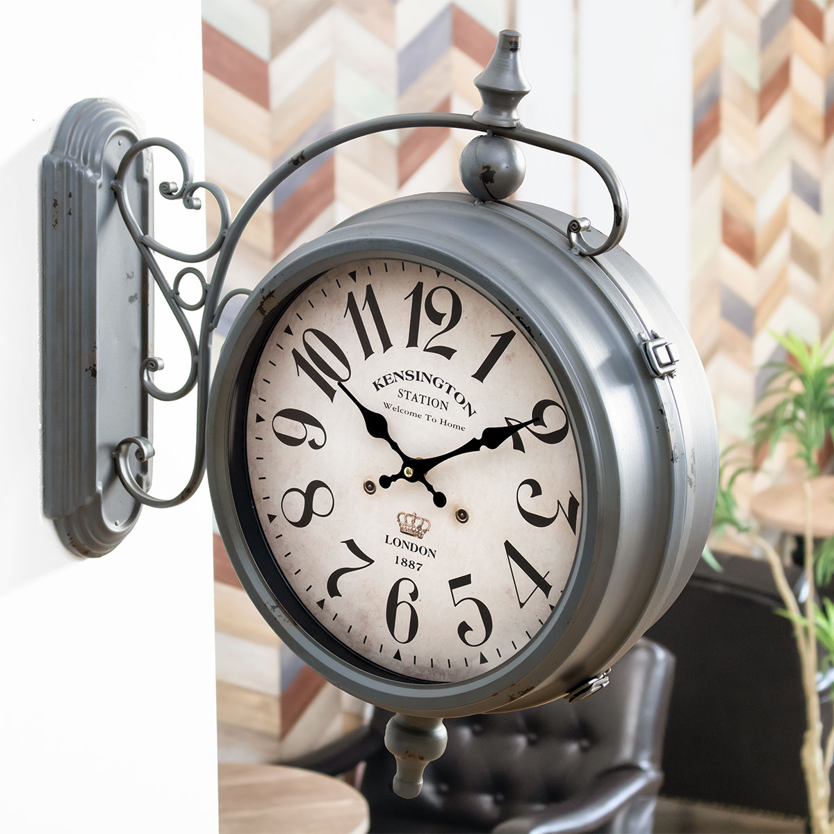 掛け時計 ウォールクロック アンティーク 両面 グレー 幅52cm