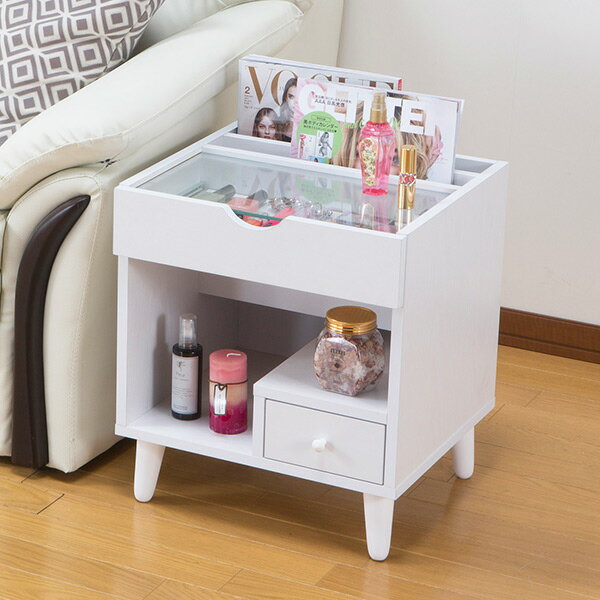サイドテーブル 幅40cm コスメボックス ガラス天板 コンパクト コスメ アクセサリー 収納 マガジンラック ( 送料無料 テーブル ミニ ドレッサー ソファ...