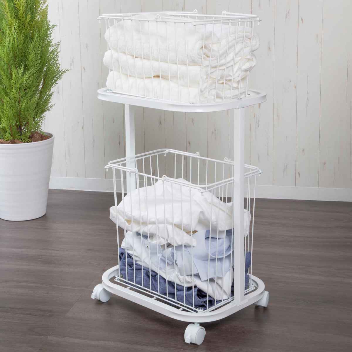 洗濯かご 2段 洗濯かごラック ( ランドリーラック ランドリー バスケット 洗濯物 脱衣かご 分別 洗濯物入れ 収納 キャスター付 ホワイト シンプル )【3...