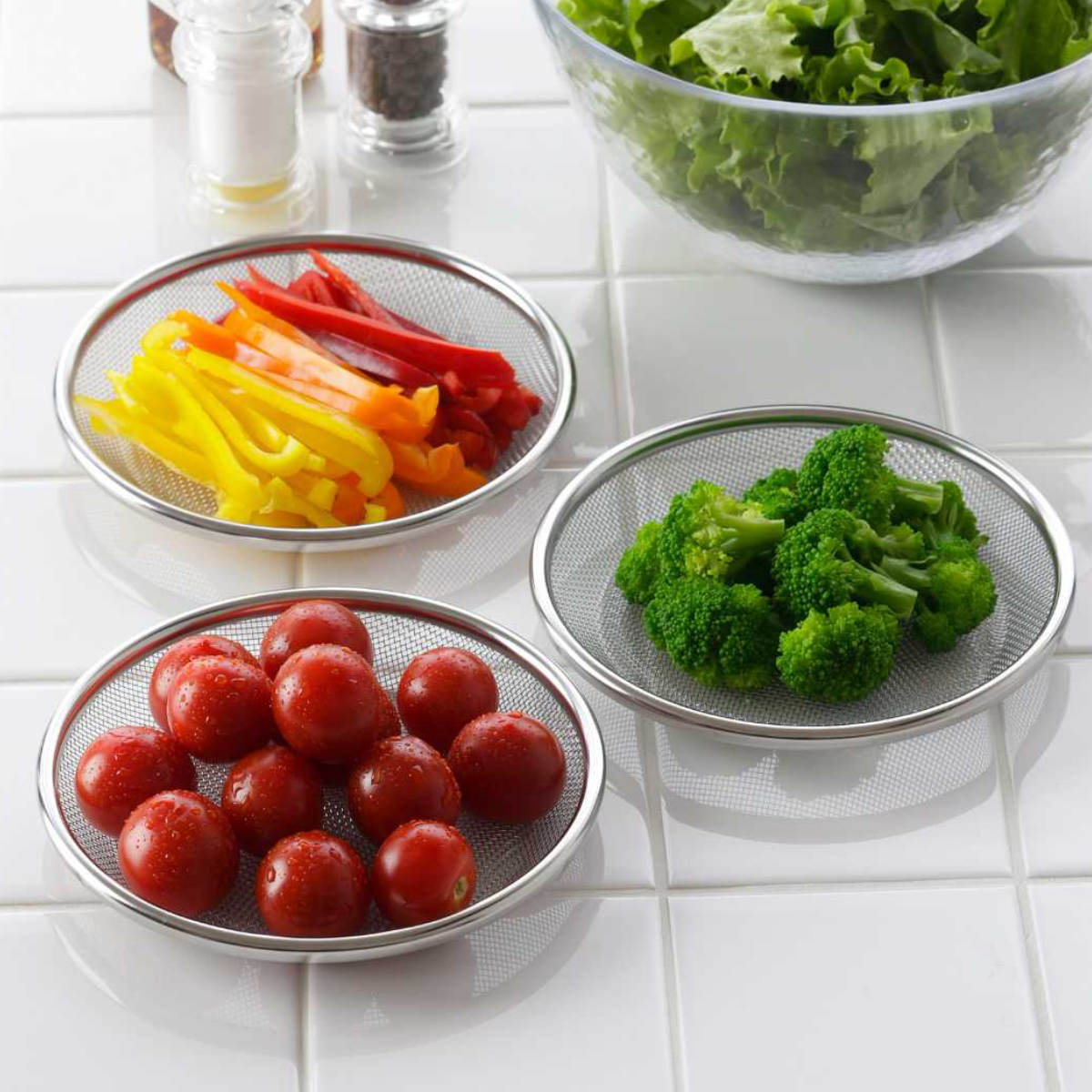 ザル3点セット 16cm ママクック 浅型 ステンレス製 日本製 油切りザル 水切れ浅ザル （ 水切りざる 平ざる ステンレスザル ザル セット 小さめ 下ごしらえ 湯切り 水切り 便利 キッチン用品 調理用品 ） 【39ショップ】のサムネイル