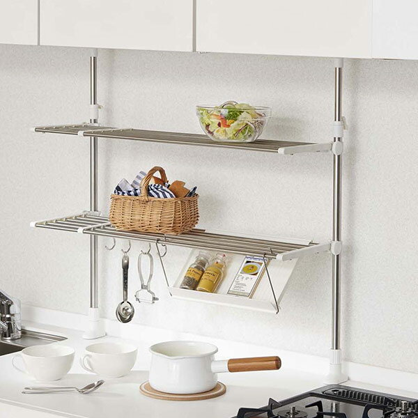 ■在庫限り・入荷なし■ 特価 突っ張りラック タブレットホルダー付き つっぱりキッチンラック 伸縮タイプ 幅62〜92cm 組立式 （ 突っ張り式 突っ張り棚 キッチンラック キッチン収納 ステンレスラック スパイスラック 収納ラック フリーラック ）【39ショップ】のサムネイル