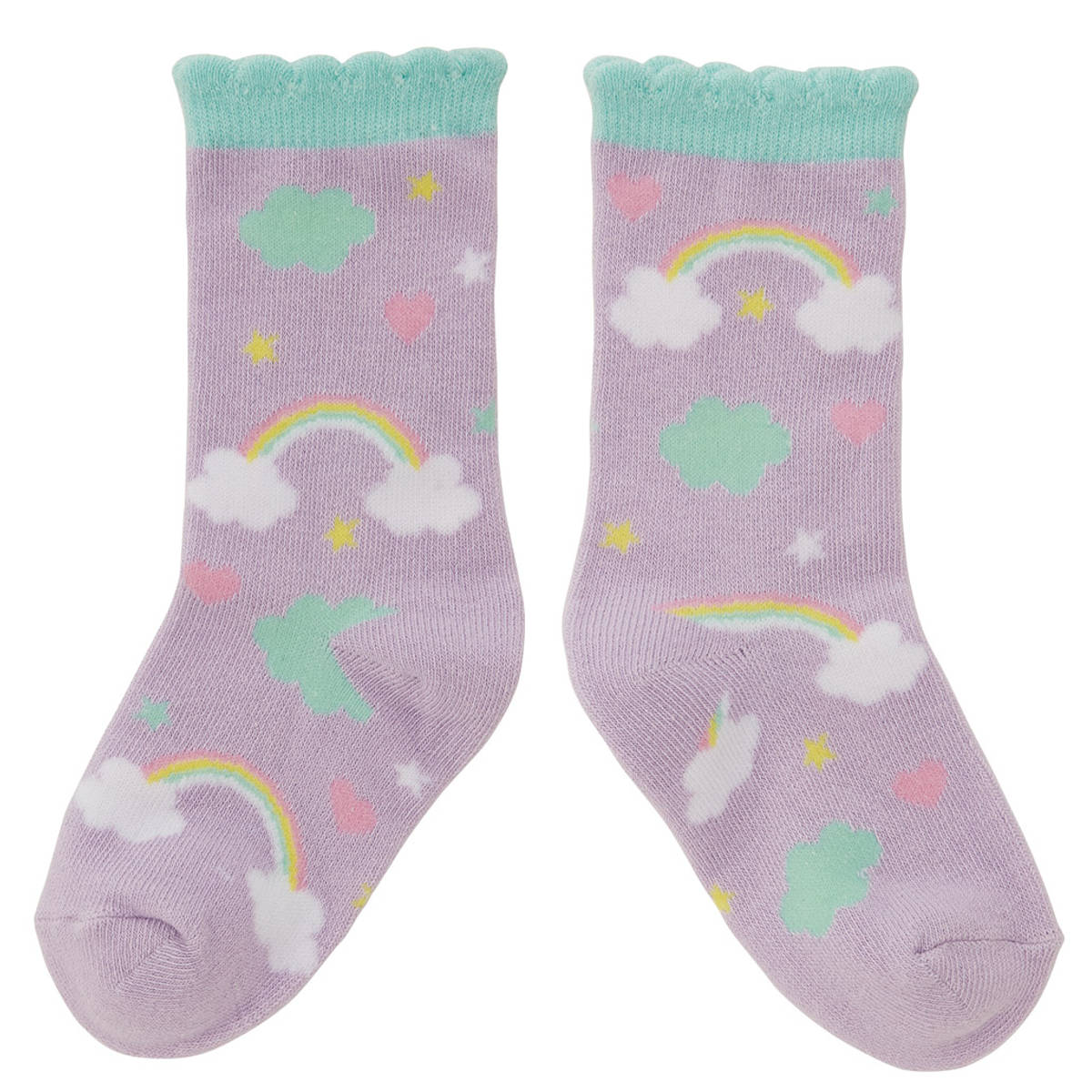 靴下 キッズ 男の子 女の子 リトルユニコーン 空 14～16cm 子供用靴下 かわいい （ クルーソックス ソックス くつ下 くつした ふくらはぎ丈 子ども用靴下 そら 虹 子ども 子ども用 3歳 4歳 5歳 カラフル 目立つ おしゃれ ）【39ショップ】