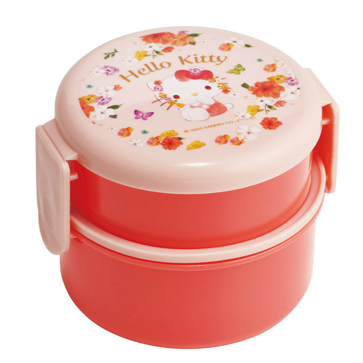Two Tier - 弁当箱 500ml 丸型ランチボックス2段 キティパステル水彩花柄 （ お弁当箱 丸型 ランチボックス レンジ対応 日本製 レンジOK お弁当 弁当 フォーク付き おにぎり 子ども用お弁当箱 2段弁 ）【39ショップ】