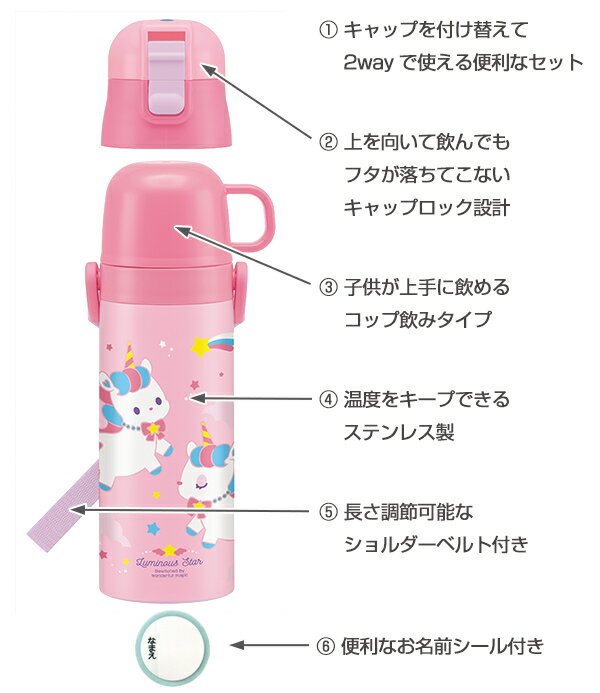 水筒 ステンレス 直飲み コップ 2way 超軽量 ユニコーン 430ml 子供 （ ステンレスボトル 保温 保冷 幼稚園 保育園 直飲み＆コップ付 2ウェイ 470ml 子供用水筒 2WAY 子供用 キッズ 肩掛けベルト付き ショルダーベルト ）【39ショップ】