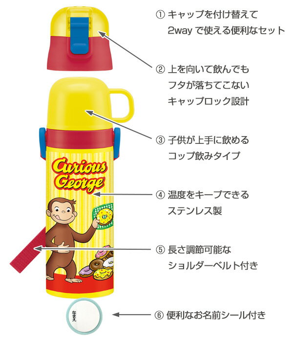 水筒 ステンレス 直飲み コップ 2way おさるのジョージ 430ml 子供 （ 保温 保冷 幼稚園 保育園 キャラクター 軽量 ステンレスボトル キッズ 子供用水筒 2WAY 子供用 直飲み＆コップ付 2ウェイ キャラ ）【39ショップ】