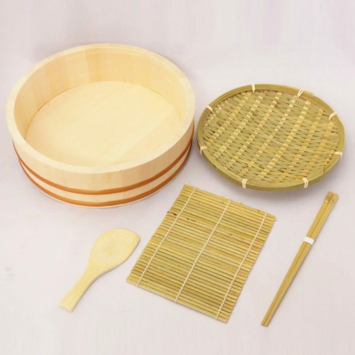 手巻き寿司セット ざる・箸・すし桶・巻寿・しゃもじ付き （ 手巻きパーティー 寿司セット パーティー用品 すしおけ 半切 スシ桶 おけ 手巻き寿司 寿司グッズ キッチン用品 ） 【39ショップ】のサムネイル