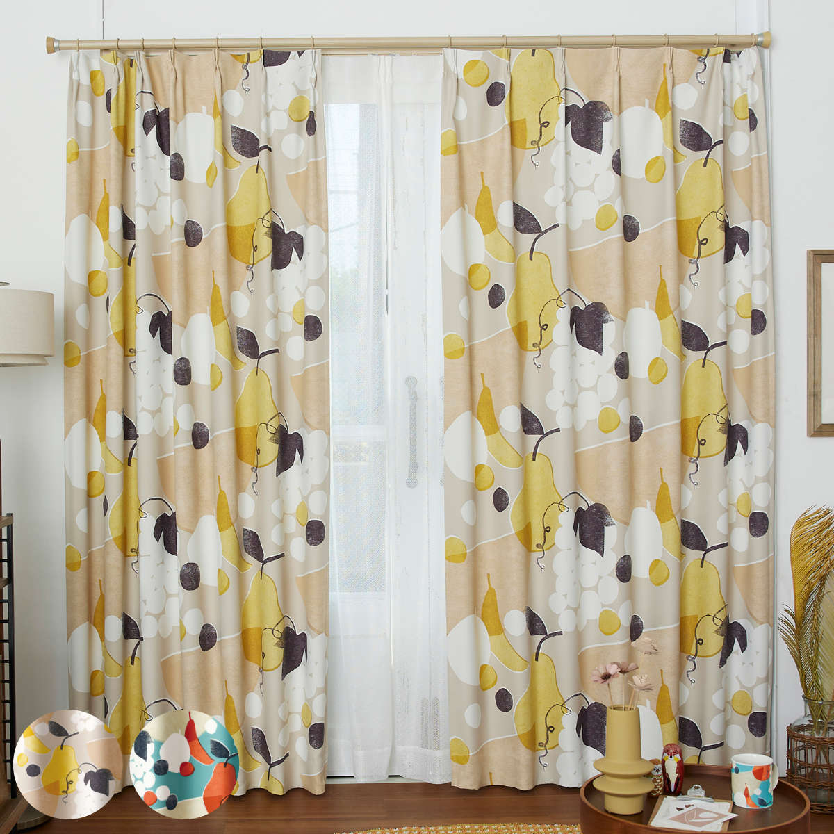 カーテン 遮光2級 フルーツフルーツ 100×200cm スミノエ ドレープカーテン （ ドレープ 1枚 2級遮光 遮光 既製品 フルーツ 柄 ウォッシャブル インテリア レトロ 1.5倍ヒダ 日本製 ）【39ショップ】