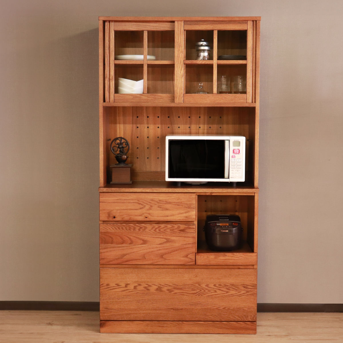 食器棚 幅90.5cm スライド棚 天然木 ハイム （ HEIM カップボード 棚 ラック キッチンラック 木製 レン..