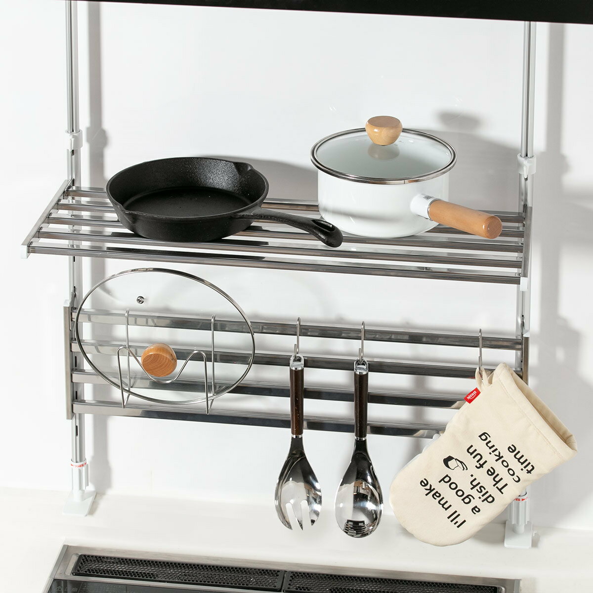 収納ラック 伸縮 つっぱり棚 2段 幅60cm アクセサリー2点セット ( シンク上 ステンレス 水切りラック シンク つっぱりラック キッチン 収納 突っ張り...