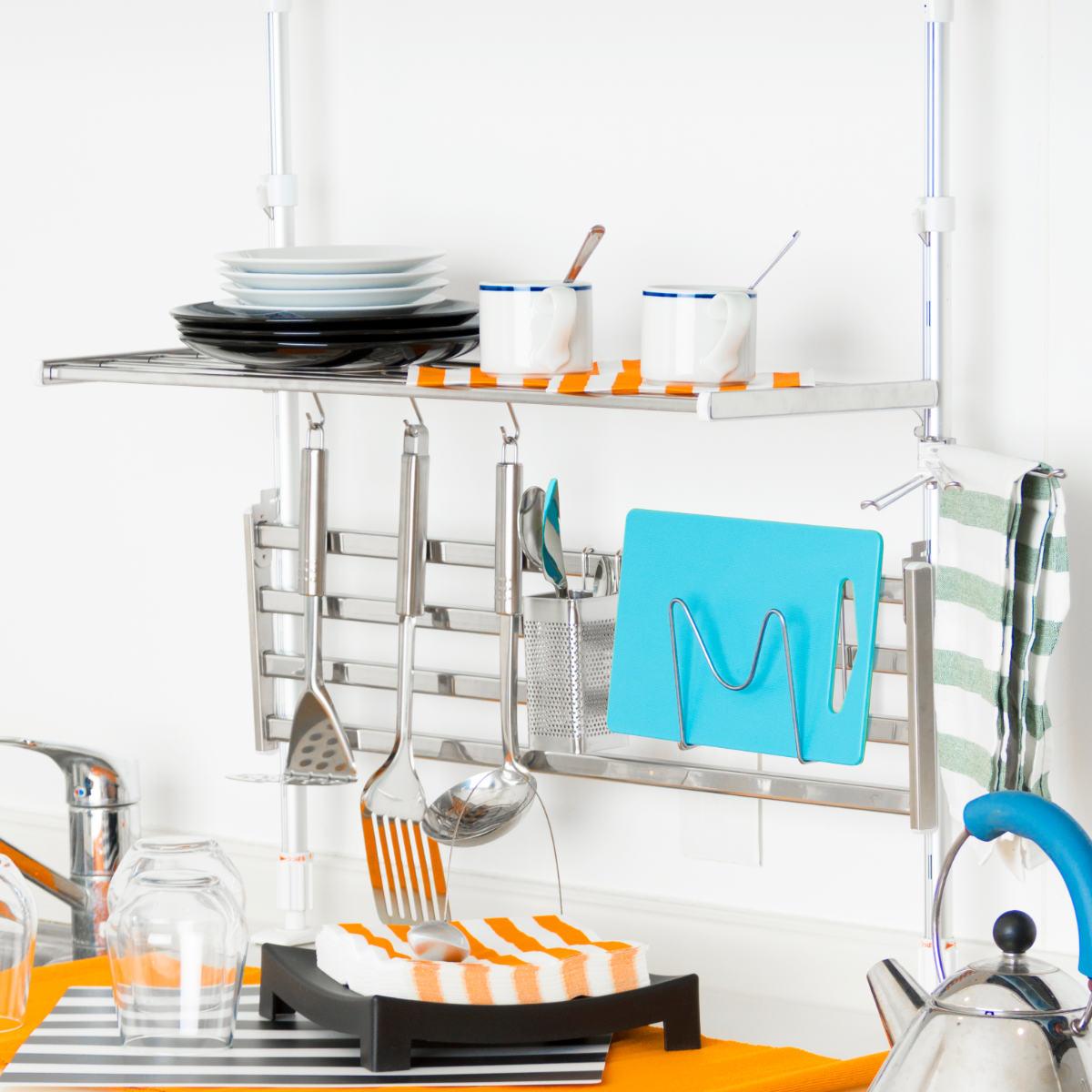 収納ラック つっぱり棚 2段 幅60cm アクセサリー4点セット ( シンク上 ステンレス 水切りラック 伸縮 シンク つっぱりラック キッチン 収納 突っ張り...