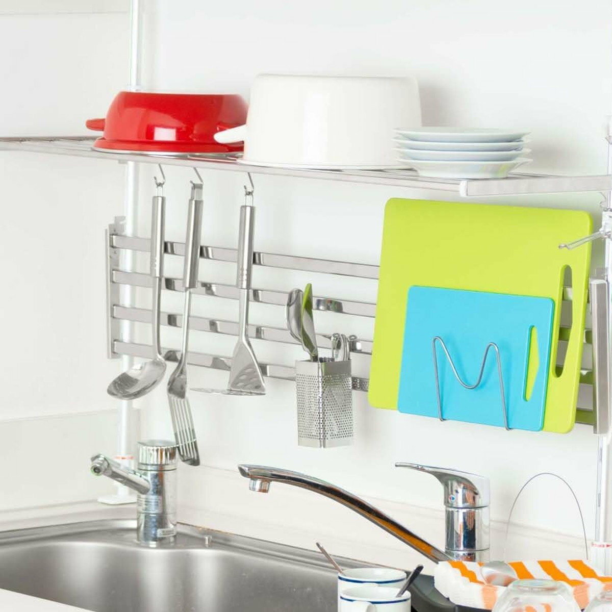 収納ラック つっぱり棚 2段 幅90cm アクセサリー4点セット ( シンク上 水切りラック 伸縮 シンク つっぱりラック キッチン 収納 突っ張り 水切り 突...