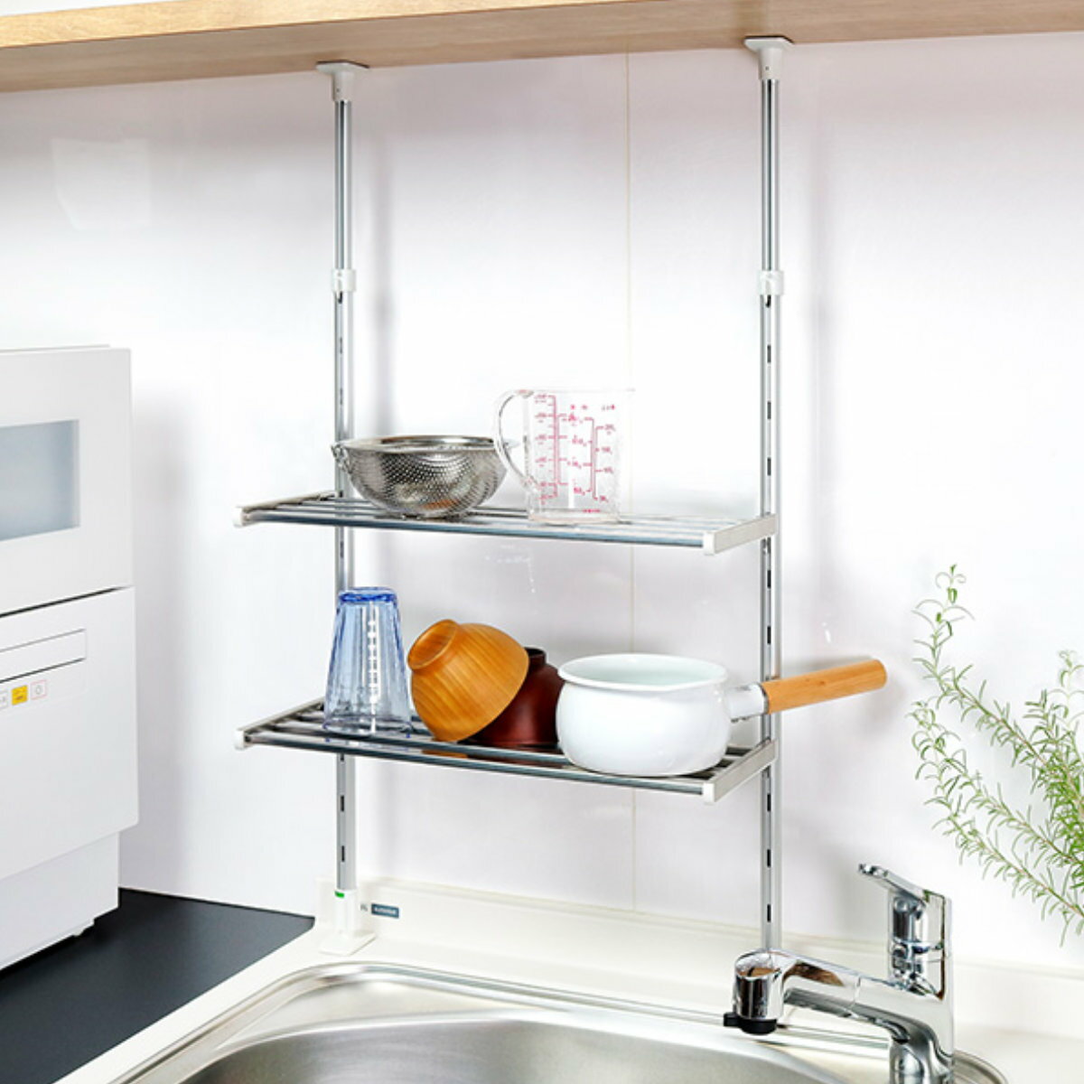 収納ラック つっぱり棚 2段 ( 幅90cm 幅50〜90cm 伸縮 アクセサリー シンク上 水切りラック シンク つっぱりラック キッチン 収納 突っ張り 水...
