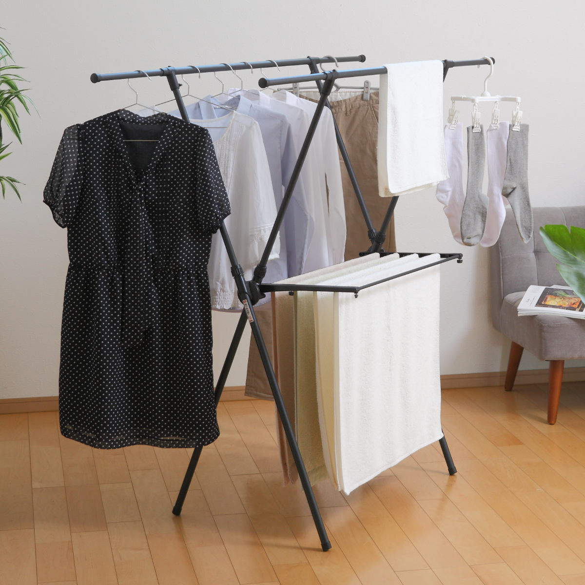 物干し 室内 ブラック ポーリッシュ 伸縮室内物干し X型 ( PORISH ハンガー 伸縮 インテリア物干し 物干しスタンド 洗濯 ランドリー 衣類 フェイス...