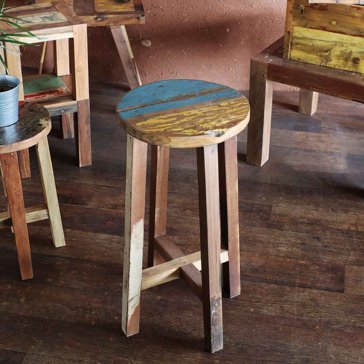 ラウンドハイスツール ボート古材 高さ70cm 木製 （ 送料無料 ハイスツール ハイチェア スツール イス ..