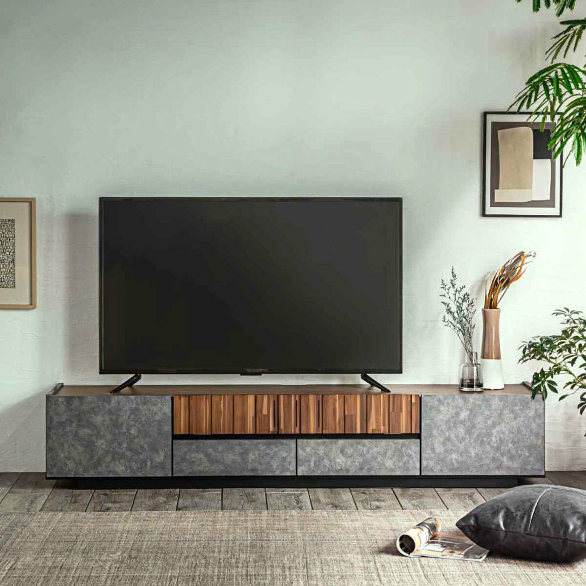 樂天商城 - テレビ台 幅179.9cm ローボード コンクリート調 アカシア材 モダンデザイン （ TV台 TVボード テレビラック テレビ フラップ扉 家具 日本製 完成品 TVラック AVラック 収納 リビング モダン 引き出し 棚 ）【39ショップ】