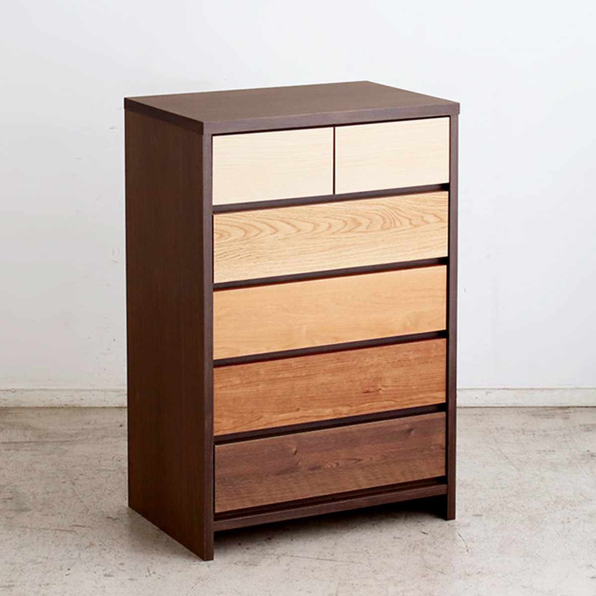Mini Chest - チェスト 5段 幅60cm 木目調 日本製 （ 引き出し 衣類収納 リビング収納 リビングチェスト 脚付き フルスライドレール 背面化粧 木目 引出 グラデーション ）【39ショップ】