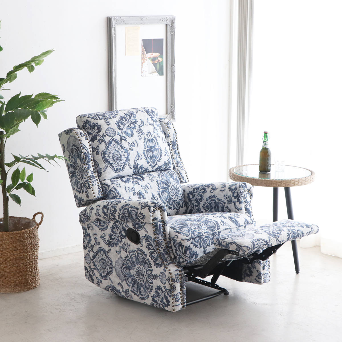Reclining Chairs - リクライニングチェア 座面高46cm 手動 UPフォルド パーソナルチェア （ リクライニングソファ 1人掛け チェア ハイバック 椅子 いす リクライニング 完成品 ダマスク柄 フットレスト お昼寝 リラックス チェアー イス ソファ ）【39ショップ】