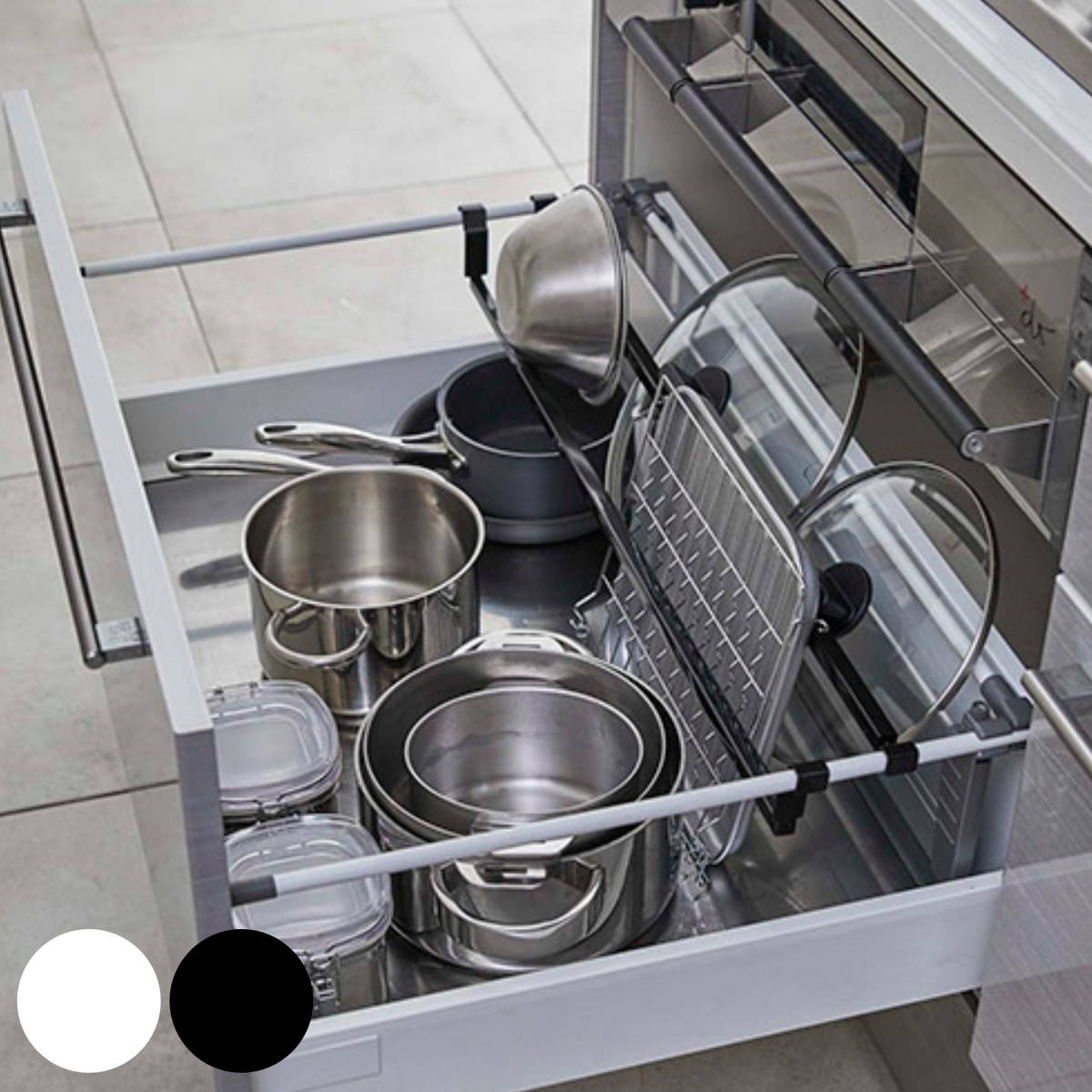 tower シンク下伸縮鍋蓋収納バーセット タワー （ 送料無料 山崎実業 突っ張り棒 つっぱり棒 間仕切り棒 システムキッチン 引出し 引き出し 間仕切り 仕切り 区分け 伸縮バー 伸縮棒 収納 5075 5076 ） 【39ショップ】のサムネイル