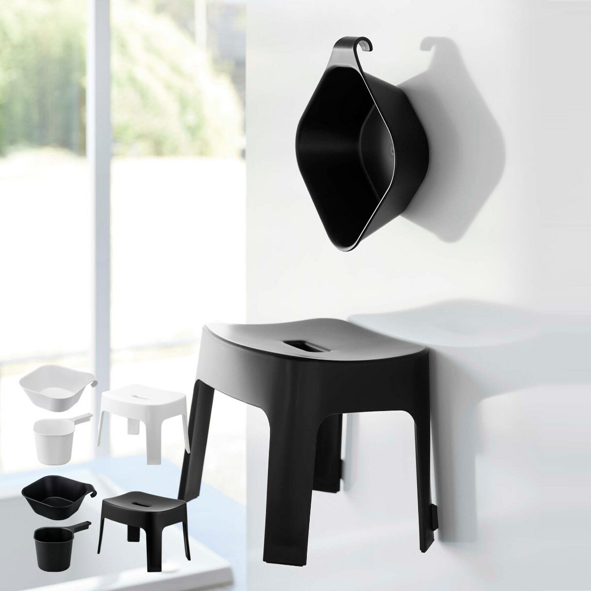 【レビュー特典付き】 山崎実業 tower マグネット風呂イス SH25+マグネット＆引っ掛け湯おけ+マグネット手おけ セット タワー （ 4903208069250 バスチェア 座面25cm 湯桶 洗面器 手桶 浮かせる ホワイト ブラック ）【39ショップ】
