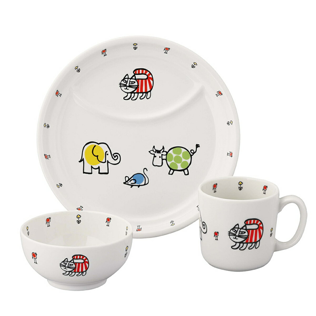 サイズマグ：約 直径8×高さ7.5（cm）ライスボウル：約 直径10.5×高さ5（cm）ランチプレート：約 直径21×高さ2（cm）重量マグ：約 190gライスボウル：約 160gランチプレート：約 420g容量マグ：約 250mlライスボウル：約 270ml内容量3点セット（子供マグ・ライスボウル・ランチプレート）材質磁器生産国日本製食器洗い乾燥機使用可能電子レンジ使用可能区分返品・キャンセル区分（不可）ギフトラッピングページを見る●スウェーデン生まれの陶芸家 リサ・ラーソンデザインのかわいい磁器製食器3点セットです。●ランチプレートは仕切り付きで盛り付けしやすく、マグカップは小さな手でも持ちやすい形状です。●ライスボウルもお子さまにちょうど良いサイズ感です。●傷や汚れが付きにくい磁器製なので、毎日の食事や食育用にもおすすめです。●プレゼントやお祝いのギフトにもぴったりです。おすすめポイントリサ・ラーソンのかわいい磁器製食器セット子供マグ・ライスボウル・ランチプレート 3点セットスウェーデン生まれの陶芸家リサ・ラーソンデザインの磁器製食器3点セットです。仕切り付きで使いやすいランチプレート、持ちやすい子ども用マグ、毎日の食事に便利なライスボウルのセットです。傷や汚れが付きにくい磁器製なので長く愛用でき、毎日の食事や食育用にもおすすめです。プレゼントやお祝いのギフトにもおすすめです。商品詳細電子レンジOK電子レンジ対応なので、温め直しも簡単。忙しい毎日の食事時間にも便利にお使いいただけます。シリーズ紹介2点セット3点セット【▲このページの商品】4点セット5点セット関連キーワード：磁器製 子ども用食器 子ども用食器セット 子供用 食器 キャラクター 北欧 リサ ラーソン マイキー 猫 おしゃれ お茶碗 茶碗 茶わん ごはん 電子レンジ レンジ 対応 OK 子ども用 こども 子供 赤ちゃん ベビー 用 キッズ食器 ベビー食器 可愛い オシャレ お洒 出産祝い お祝い ギフト プレゼント 贈り物 おすすめ LH21608 関連商品はこちら子供食器 4ピースセット LISA LARSO7,700円子供食器 5ピースセット LISA LARSO11,000円子供食器 3ピースセット スヌーピー 5,500円子供食器 3ピースセット ムーミン 5,500円子供食器 4ピースセット ムーミン 7,700円子供食器 4ピースセット スヌーピー 7,700円プレート ボウル プレート＆ボウルセット LI3,300円ランチプレート キッズプレート LISA LA4,400円ランチプレート 21cmランチプレート LIS2,750円子供食器 6ピースセット ムーミン 11,000円子供食器 6ピースセット スヌーピー 11,000円プレート 14cmユニバーサルプレート LIS1,760円