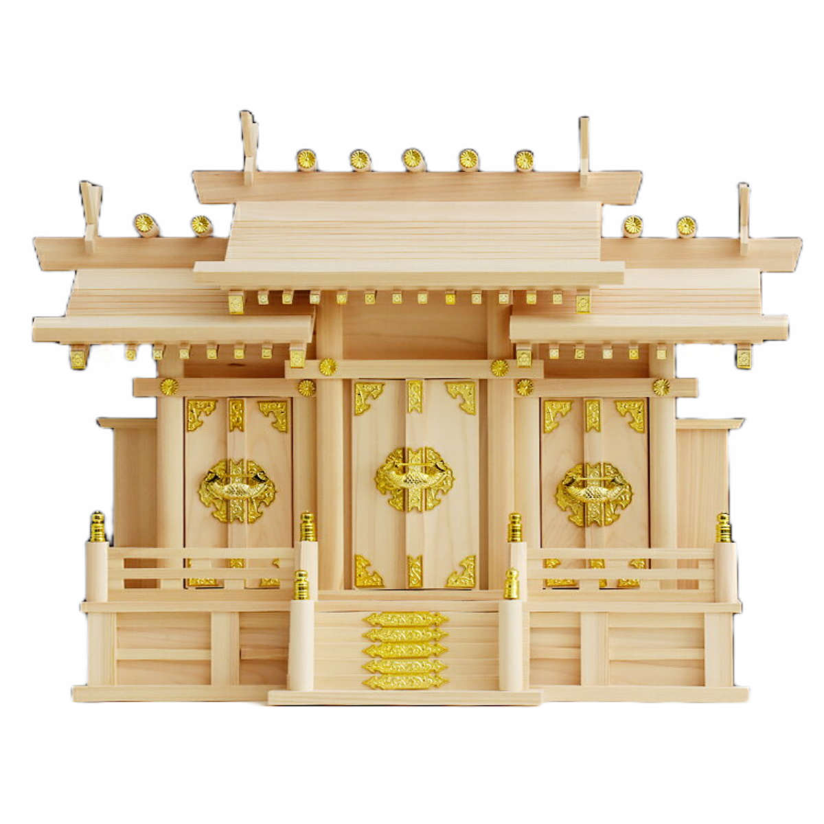 神棚 屋根違い 三社 中 ( 送料無料 神殿 宮形 桧 檜 神具 神明造り 三社宮 袖付き 白木造り お札入れ お供え お札 御神札 新築 お正月 神札 御札立て ひのき 天然木 置き型 祀る ) 【39ショップ】