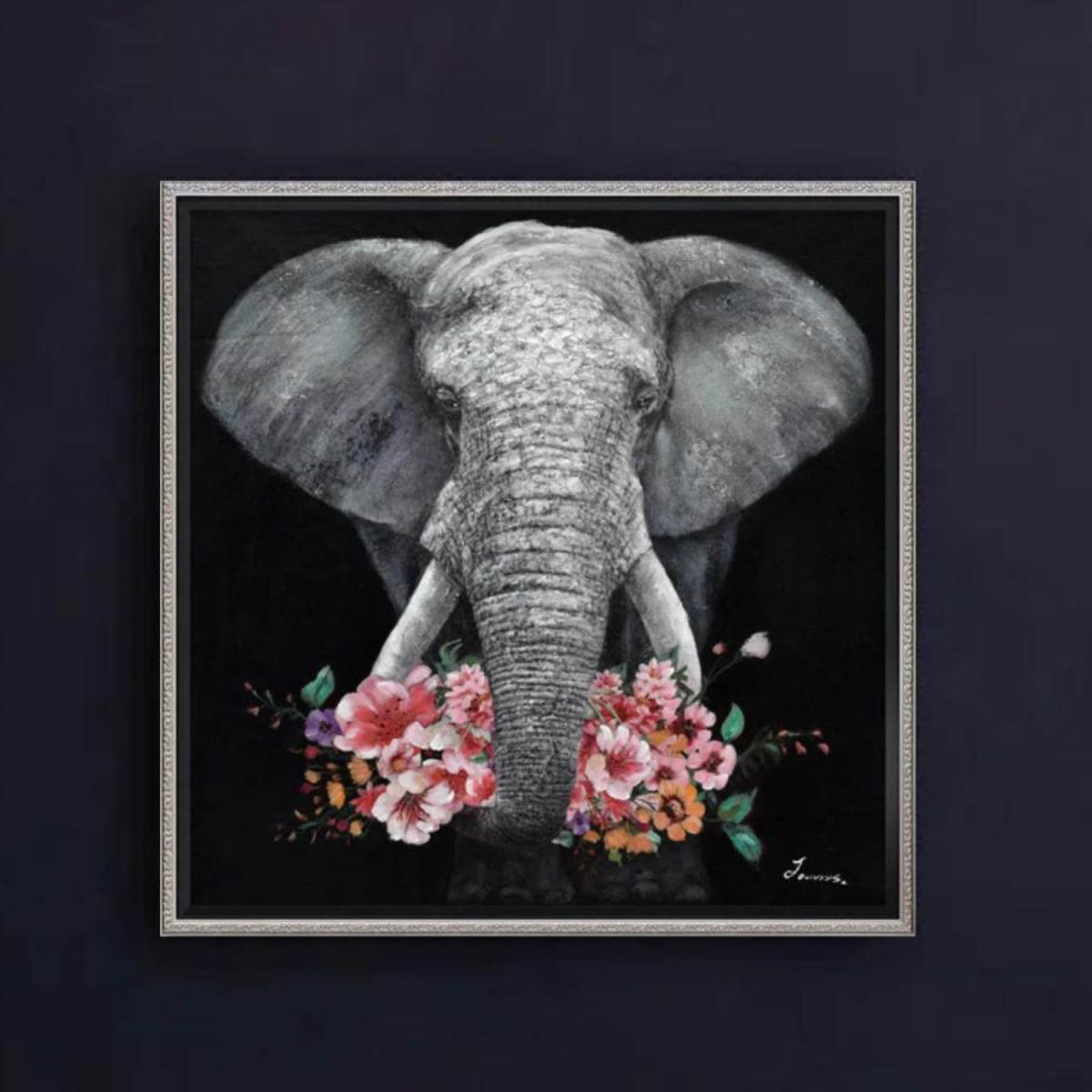 Rakuten - アートパネル オイルペイントアート 『ギブ・ア・フラワー』 63×63cm （ 絵画 絵 アート インテリア 額 額入り 壁掛け アニマル 象 花 ポスター アートフレーム アートポスター ウォールアート パネル 額付き 動物 ゾウ ）【39ショップ】