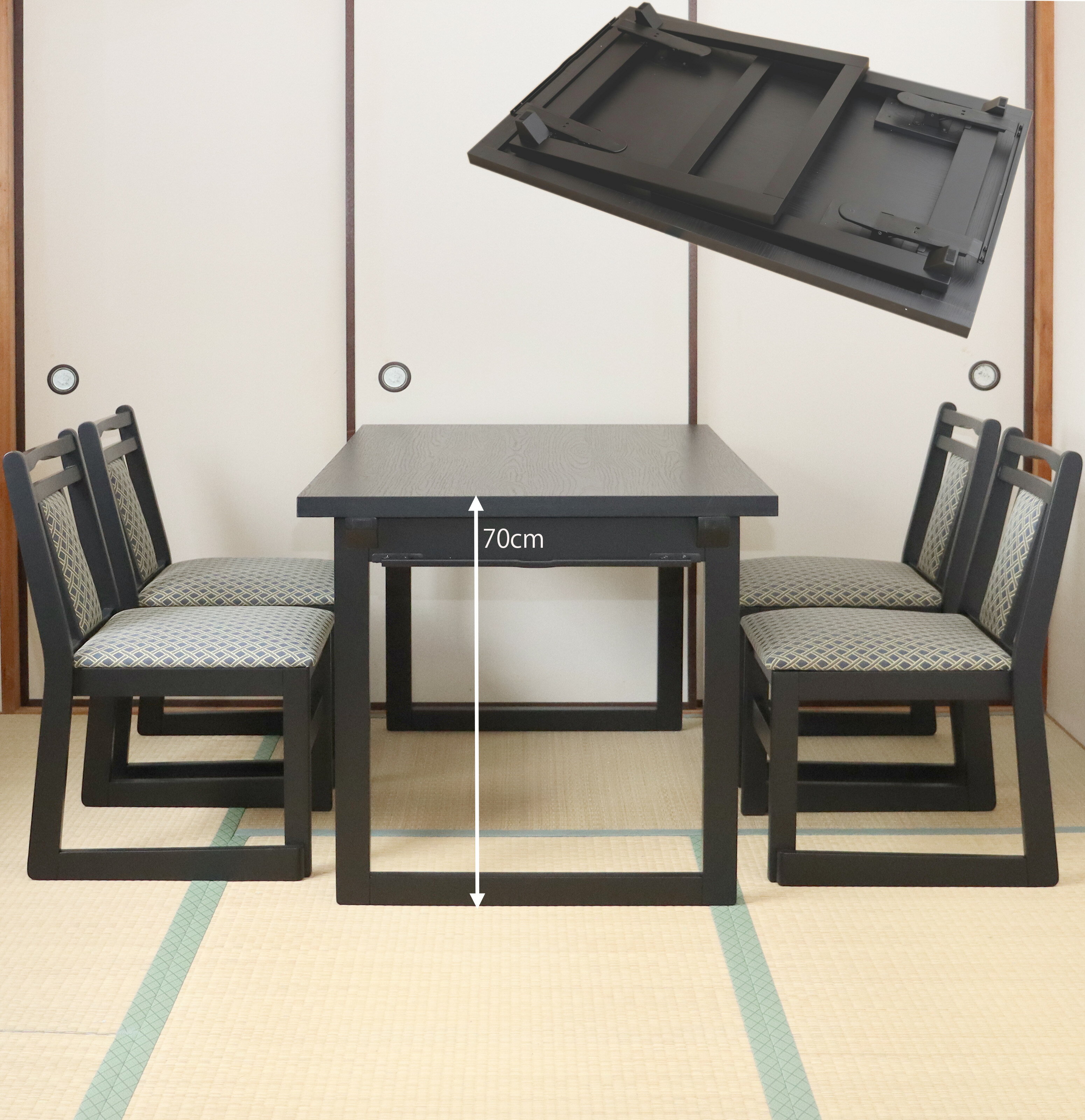 サイズ(約) テーブル=幅120x奥行75x高さ70cm 椅子=幅44x奥行53x高さ76cm 座面高さ約42.5cm 重量: テーブル=約22Kg 椅子=1脚あたり約6Kg　 材質 テーブル天板=メラミン化粧板(黒木目) 脚部:天然木ラバ...