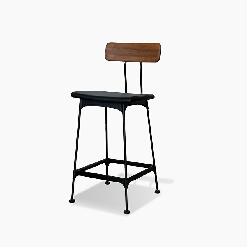 カウンターチェア ハイチェア バーチェア ウォールナット材 無垢材 座面レザー BK スチール脚 座面高66cm シンプル