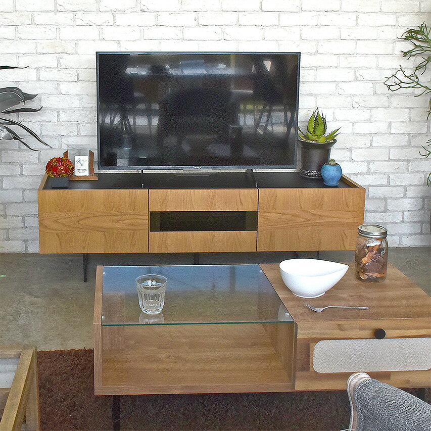 Rakuten - TVボード TV台 ローボード 横幅150cm ミドルタイプ　高さ45cm 引き出し フラップ扉 ガラス オーク突板 ウォールナット突板 脚付き