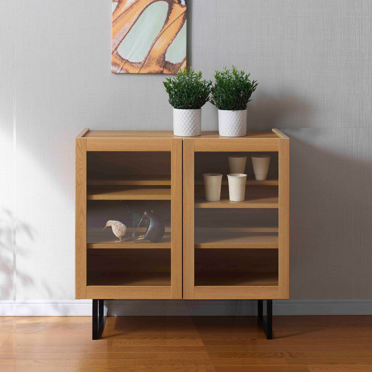 乐天商城 - サイドボード ガラス扉 キャビネット キャナルオーク 幅80cm 奥行33cm 高さ75cm BLC-80G スリム 薄型 飾り棚 コレクション ケース 国産 完成品