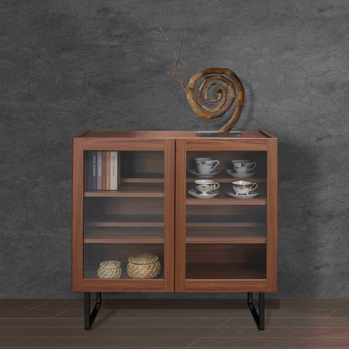 乐天商城 - サイドボード ガラス扉 キャビネット リアルウォルナット 幅80cm 奥行33cm 高さ75cm BLD-80G スリム 薄型 飾り棚 コレクション ケース 国産 完成品