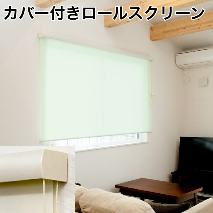 Rakuten - カバー付きロールスクリーン 規格サイズ 45×135cm　60×135cm 80×220cm 90×220cm 135×220cm 165×220cm 170×220cm 180×220cm オフホワイト グリーン ボックスタイプ・コードクリップ付き