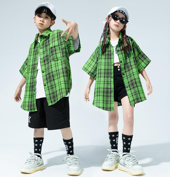 子供ダンス衣装 チェック柄シャツアウター カーディガン ショートパンツ　カジュアルセット　単品2点セット3点セット ジュニア 女の子 男の子 ヒップホップ ダンス衣装 半袖 ゆったり かっこういい 舞台 演出服 発表会 ダンスウエア HIPHOP ダンス衣装 団体服110 -180cm