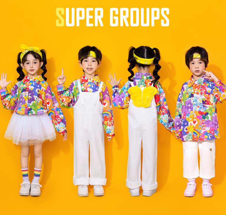 チアガールダンス衣装 チュールスカート子供ダンス衣装 ロング丈パンツ サロペットパンツ キッズ 長袖クマプリントシャツ チアダンス 応援服男女お揃い小学生 中学生 合唱 団体服 運動会 体育祭学園祭 入学式 卒業式 園服イベント ダンス衣装 舞台 ステージ 衣装 100-180cm