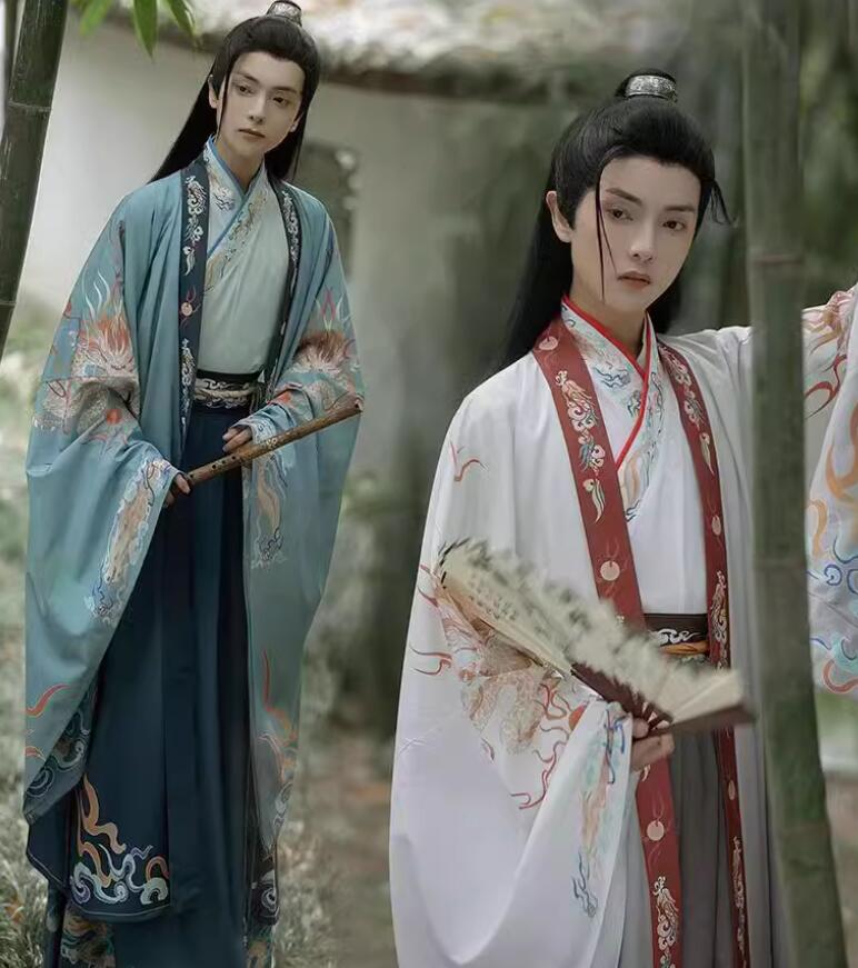中華コスプレ 衣装 華流 ハロウィンメンズ 振り袖の羽織付き 3点セット 古代古典 舞台チャイナ服衣装 龍プリント 交差襟 おしゃれ 華流 舞台 ステージ 撮影衣装 学園祭 おしゃれ 中国古代服装 ステージ衣装 時代劇 コスチューム S-2XL 大人漢服 仮装 変装 侠客