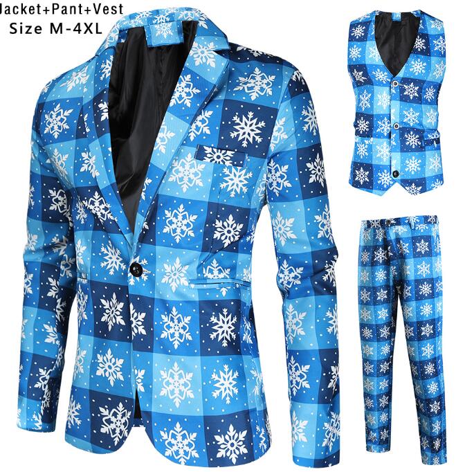 男性スーツ メンズスーツセット 雪プリント クリスマス元素 コスプレ ジレベスト ジャケット 長パンツタキシードジャケットコスチューム Christmas単品/2点/3点セットコスプレステージ演出服アウター 舞台ダンスウェア 団体服 発表会パーティー年会写真撮影M-4XL