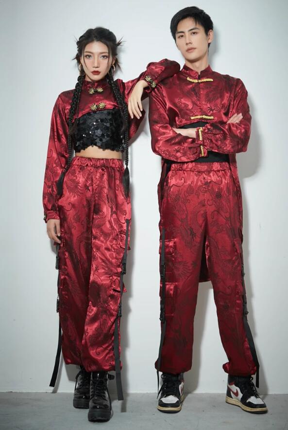 ジャズダンス衣装 HIPHOP中華風ダンス衣装チャイナ風 メンズ レディース 男女兼用 長袖 カップル 民族風ダンス ヒップホップ jazz ダンス衣装 写真撮...