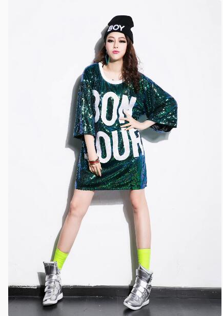 レディースジャズダンス衣装 スパンコールロングシャツ HIPHOPダンス衣装 半袖 ゆったりシャツ ダンス衣装 ヒップホップ jazz ダンス衣装 写真撮影 ダンス衣装応援団 学園祭 文化祭園服学校活動 団服ダンス衣装 舞台 演出服 発表会 ダンスウエア イベント