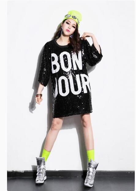 レディースジャズダンス衣装 スパンコールロングシャツ HIPHOPダンス衣装 半袖 ゆったりシャツ ダンス衣装 ヒップホップ jazz ダンス衣装 写真撮影 ダンス衣装応援団 学園祭 文化祭園服学校活動 団服ダンス衣装 舞台 演出服 発表会 ダンスウエア イベント