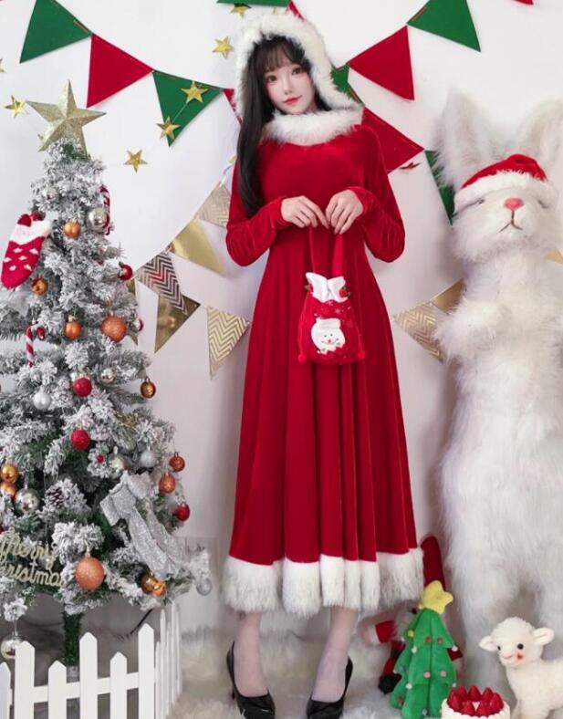 クリスマスドレス サンタ コスプレワンピース サンタ コスチューム サンタコス 変身仮装 長袖 マキシ丈 サンタ 衣装 コスプレ レディース ワンピース 帽子付...