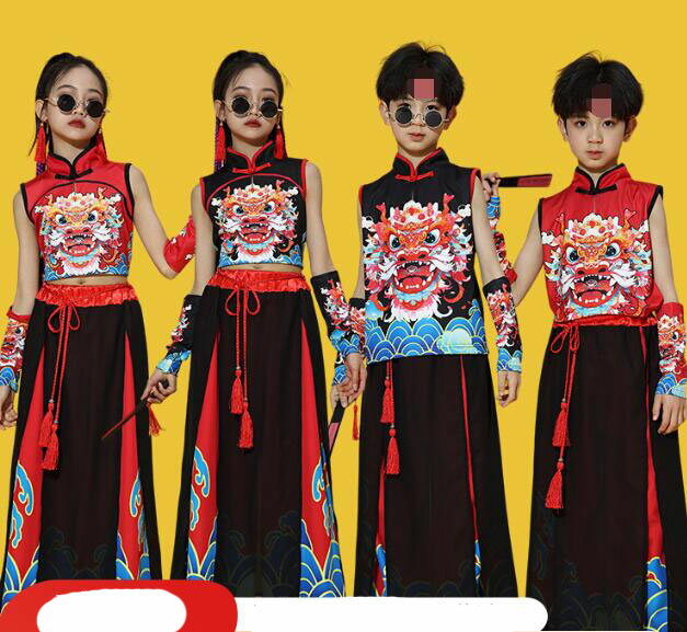 キッズダンス衣装 古典ダンス シャツ+スカート風パンツ 中華風 立ち襟 袖カバージャズダンス衣装 子供..