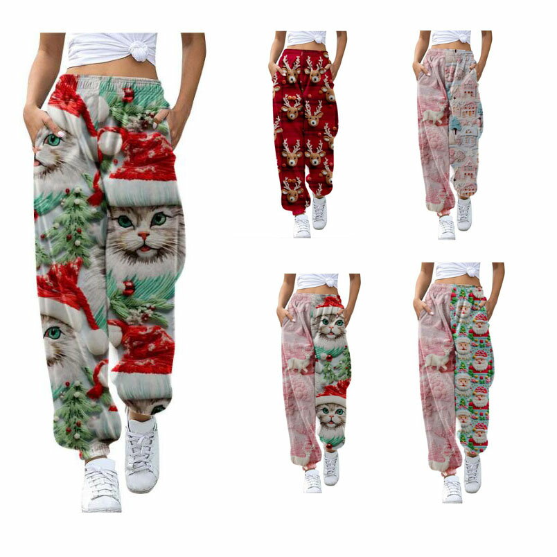 クリスマスパンツ 猫柄 トナカイ柄 サンタクロース柄クリスマスツリーレディース クリスマスコスプレ衣..