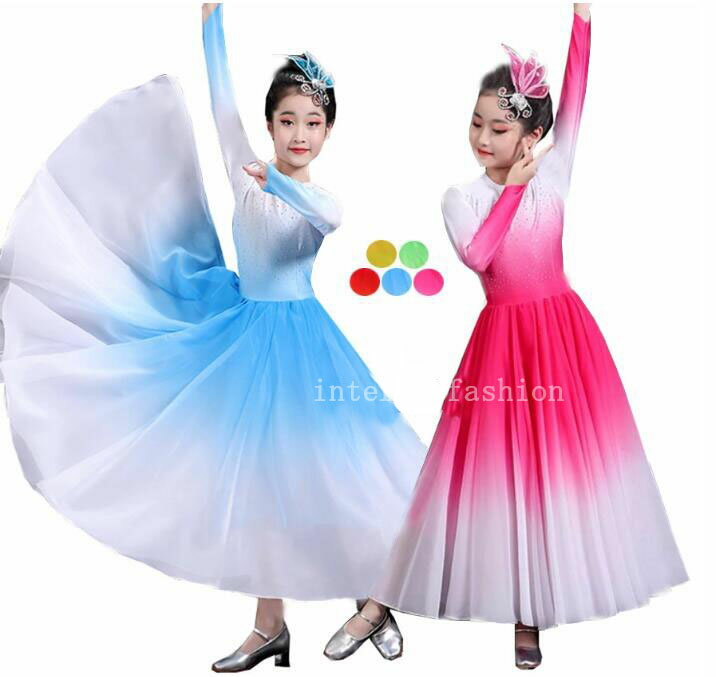 長袖ワンピース 子供ダンス衣装 モダンドレス 女の子 ロング丈 長袖 ワンピース 大きい裾 広がる ダンス ワンピース 社交ダンス チャイナ民族ダンス 練習着 レッスン着 エスニック 合唱 演奏 ロング ドレス 裾幅360度 540度 720度選べる